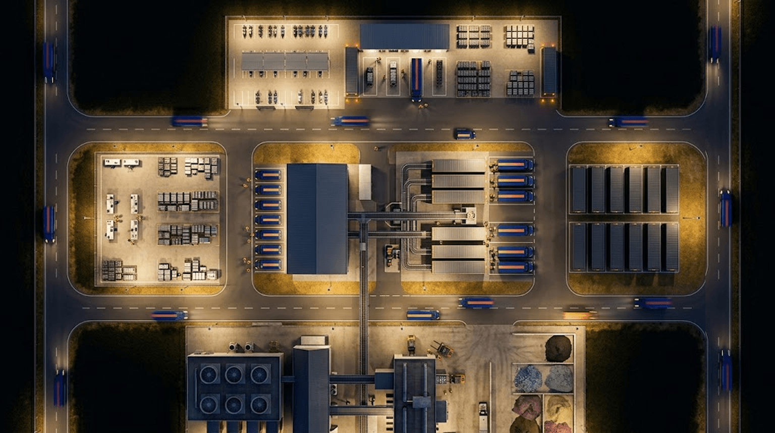 Battery collection logistics aerial view at night